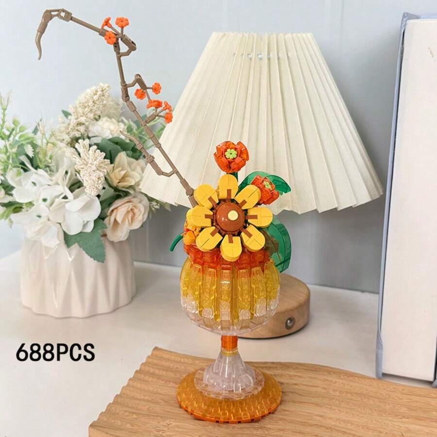 Artificial Flower Building Block Set 688/685/650pcs Transparent Tall Wine Glass Vase DIY Bouquet Model, Home Desktop Decoration, Perfect Holiday Collectible Gift For Friends And Family - Multicolor - View 1