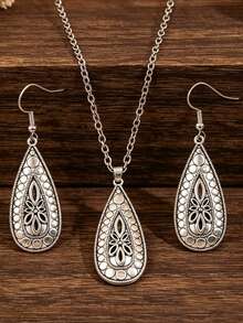 1 Set Vintage Water Drop Shaped Alloy Floral Carved Earrings & Necklace Set - Silver - View 6