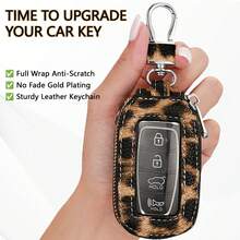 1pc Microfiber PU Leather Leopard Print Window Design Universal Car Key Cover Protective Case Anti-Loss Anti-Scratch Key Storage Protective Cover Visible Buttons Suitable For All Car Keys Bag Pendant Gift For Friends - 21 Silver Head Leopard Print Open Window - View 7