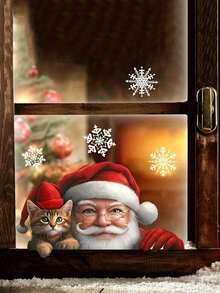 Christmas Window Stickers, Santa Claus & Cute Cat Peeking Out Window Decals, Removable Snowflake Static Wall Stickers, Glass Window Door Home Party Decorations - Red and White - View 2