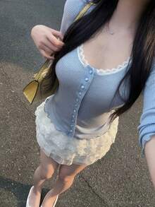 Sexy Thin Knit Cardigan Women Early Autumn U-Neck Blouse Top - Blue - View 2