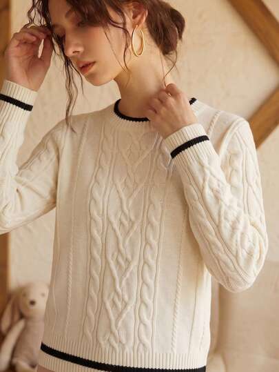 Knit Mix Elegant Women's Autumn/Winter French Fashion Daily Home Colorblock Knit Top, Minimalist Casual Women's Round Neck Knit Long Sweater