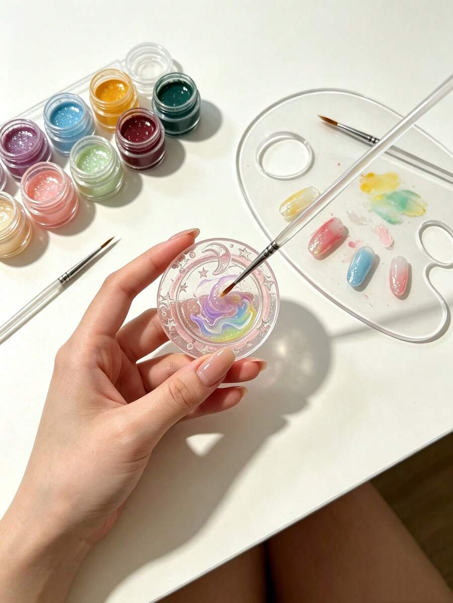 1pc Round Star & Moon Nail Art Color Palette Mini Nail Art Rhinestone & Pearl Storage Tray Multi-Functional Nail Gel Color Palette Cute Graffiti Watercolor Box - Multicolor - View 1