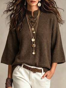 SEREN Elegant Women's Regular Fit Pullover Sweater, Brown, With Traditional Button Details And Wide Cuffs, Autumn Outfit Essential - Brown - View 5
