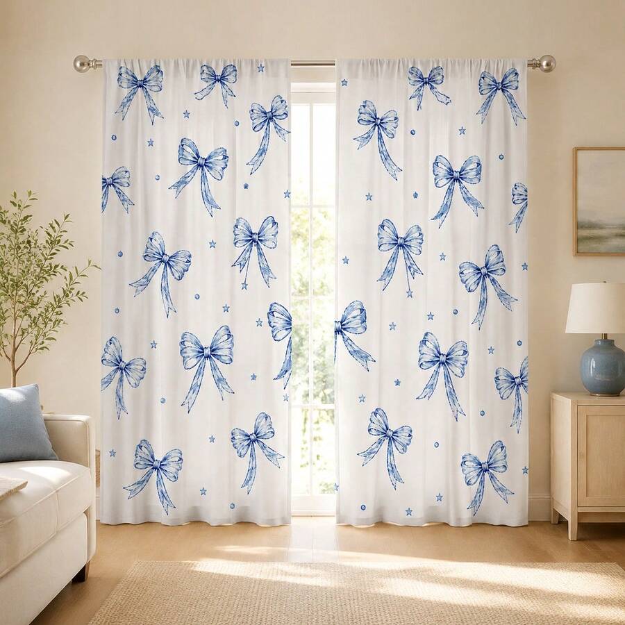 2Pcs Blue Watercolor Bow & Star Print Curtains, Fresh Artistic Pattern, Living Room Bedroom Home Decor Hanging Curtains