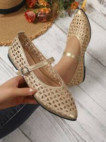 2026 Spring/Summer New Patchwork Breathable Women's Pointed Toe Flat Shoes - Gold - View 7