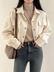 YUXIN Women's Cream Corduroy Shacket Cropped Collared Button Up Chest Pockets Oversized Long Sleeve Retro Casual Jacket For Fall Winter Layering - Apricot - View 11