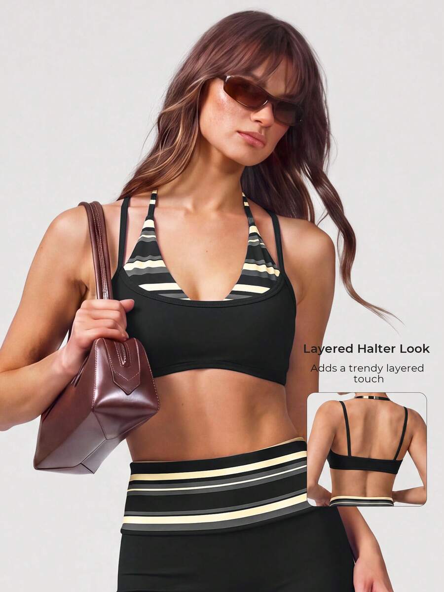 Women's 2-In-1 Color Block Striped Halter Neck Double Strap V-Neck Thick Yoga Sports Bra, Backless Fitness Sports Bra - Black - View 1