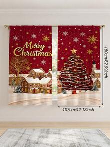 2Pcs Burgundy Christmas Town Snow Scene Gold Snowflake Christmas Tree Merry Christmas Print Pattern Curtains, Semi-Sheer Rod Pocket Holiday Window Decor, Suitable For Living Room And Bedroom, Rod Not Included - Scenery - View 13