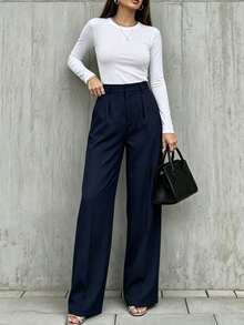 Women's Solid Color Loose Straight Leg Pants For Office And Daily Commute - Navy Blue - View 4