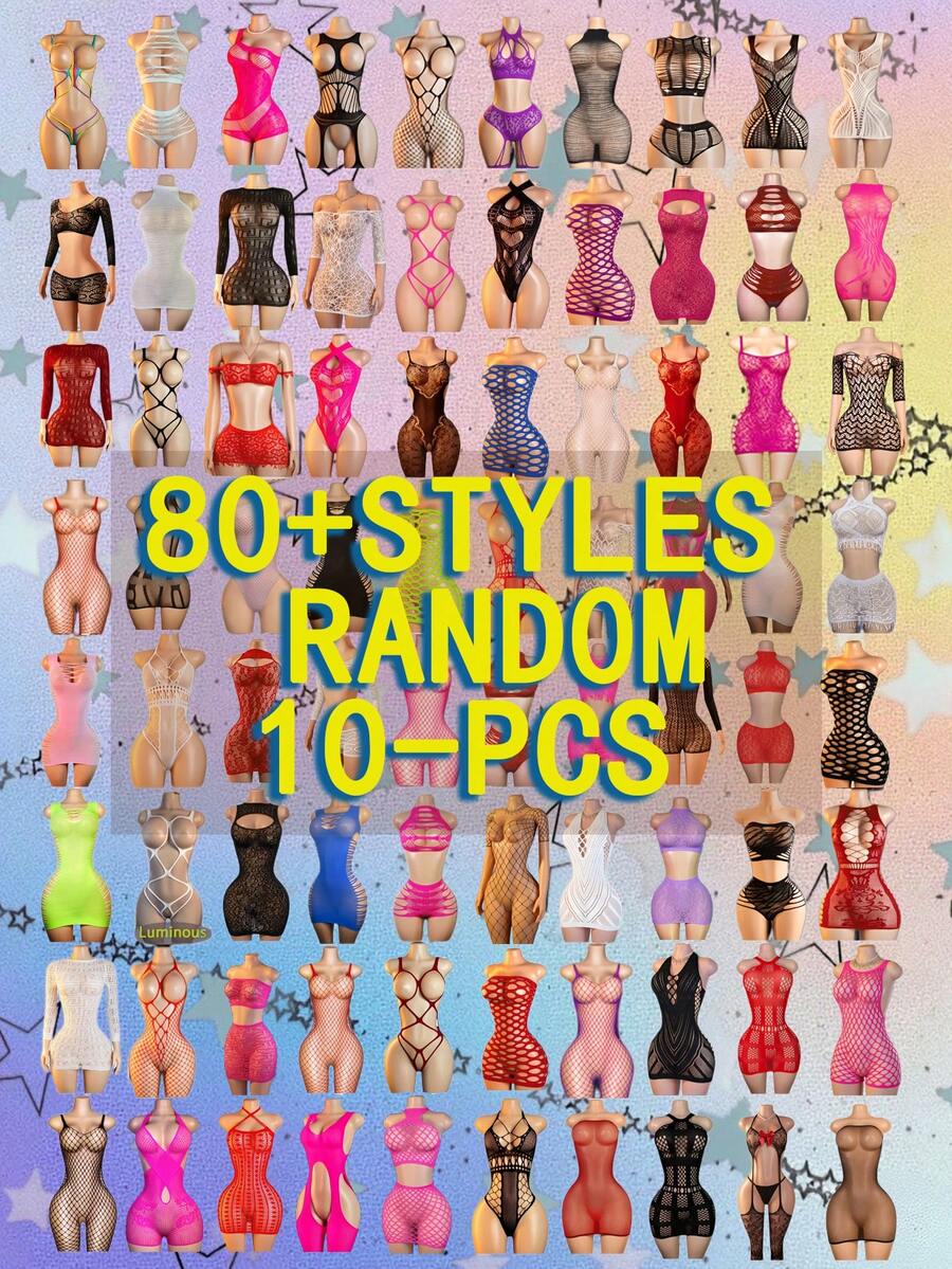 10pcs Random, Random Colors - Women'S Sexy, Multi-Style Mesh, Openwork, Mesh, Figure-Hugging Bodysuits, Fishnet Bodysuits, Stockings, Bodysuits, Adult New Arrivals, Shiny, Bodycon Dresses - Multicolor - View 1