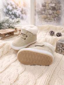 1 Pair Boys Solid Color PU Hook-And-Loop Design Simple Versatile Casual 0-1 Years Old Infant Walking Shoes Soft Rubber Sole Anti-Slip Boots Suitable For Autumn/Winter - Apricot - View 6