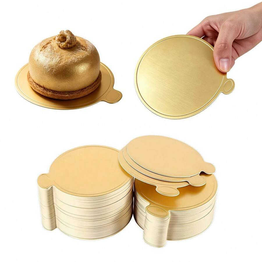 75/150pcs Round Mini Gold Mousse Cake Paper Trays, Oil-Proof Disposable Cake Bases, Durable Dessert Trays With Easy-Grip Handles, Suitable For Wedding And Birthday Baking Parties