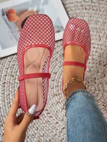 Square Toe Mesh Hollow Out Elastic Strap Mary Jane Flat Breathable Thin Ballet Style Shoes - Red - View 1