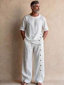 GOLDREDY Summer Japanese Literary Style Men's Loose Round Neck Short Sleeve Shirt Asymmetric Button Wide Leg Pants Two Pieces Set Thin Casual Outfit, Gift For Boyfriend Husband - White - View 3