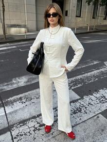 Women's White New Chinese Style 2 Pieces Set, Frog Button Stand Collar Long Sleeve Top With Elastic Cuff Loose Jogger Pants - White - View 5