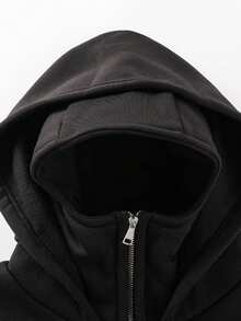 Men's Autumn/Winter Thermal Lined Full Zip Sweatshirt, High Neck Mask Design, Loose Drop Shoulder Long Sleeve Sweatshirt, Casual Streetwear Jacket - Black - View 5