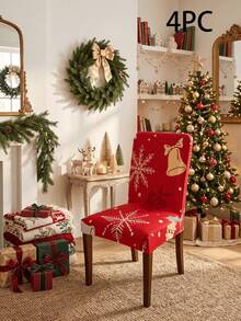Christmas Print Elastic Dining Chair Cover, Santa Claus & Snowflake Pattern Stretchable Removable Chair Slipcover, Washable Furniture Protector, Christmas Kitchen & Dining Room Decor - Multicolor - View 12