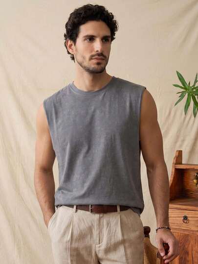 glestore Men's Vintage-Style "Old Money" Look Sandwashed Sleeveless Tank Top: Minimalist And Versatile Sleevelss Tops Men