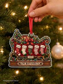 1pc Custom Christmas Stocking Family Acrylic Ornament,Personalized Name Sleigh Decoration With Red Ribbon,Holiday Tree Hanging Keepsake For Mom Grandma Grandpa,Our Family Gift Design With Warm Festive Mantel Style For Home Decor,Christmas Gift - Multicolor - View 4