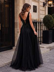 VIPGIRL Elegant Women's Black Sleeveless V-Neck Mesh Sequin Slit Maxi Dress, Suitable For Prom And Evening Party - Black - View 3