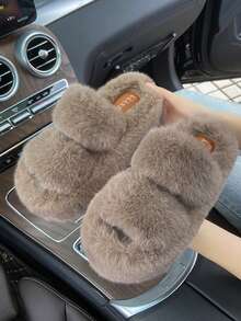 Thick Sole Platform Fuzzy Slippers For Women, Autumn/Winter Outdoor Wear, Popular Home Anti-Slip Plush Thermal Slippers - Khaki - View 5