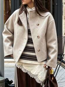 Autumn/Winter Classic Lapel Long Sleeve Loose Mid-Length Wool Coat, Casual Everyday Style - Apricot - View 4