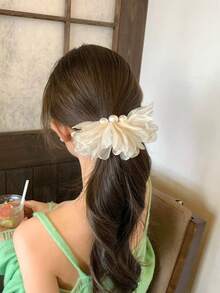 1/2/3pcs Women's Elegant Pearl Mesh Banana Hair Clips, Floral Hair Accessories, Suitable For Daily Wear, Home, Commute, Party, Birthday Gift, Preppy Style - White - View 7