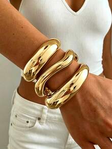 3/1pc Set Vintage Exaggerated Bohemian Style Wide Wave & Geometric Shape CCB Material Gold-Tone Open Bangle Bracelet For Women, Spring/Summer Daily, Party, Beach, Vacation, Gift Jewelry - Gold - View 4