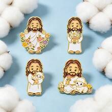Cartoon Jesus Enamel Pins Set, Religious Lamb Flower Lapel Brooch Badge, Faith Metal Pin For Backpack Hat Clothing, Nice Gift For Christian Friends - White - View 8