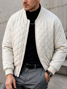 Blueprint Man 1pc Men's White Diamond Quilted Baseball Collar Jacket, Smooth Metal Zipper Closure, Symmetrical Side Pockets, Loose Drop Shoulder Fit, Casual Commute Daily Layering, Minimalist Casual Style - White - View 2