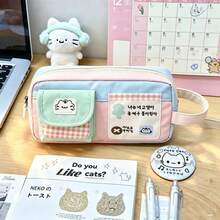 Multi‑Layer Large‑Capacity Pencil Case, Portable Zipper Pen Pouch With Front Small Pocket, Lightweight Cosmetic Makeup Storage Bag, Daily Multi‑Purpose Travel Storage Pouch, Durable Fabric Handheld Pen Bag For Office, College, Gifts - Kitten Pencil Case - View 4