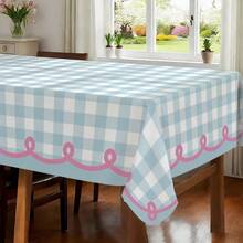 1pc Light Blue & White Plaid With Pink Trim Printed Tablecloth, Spring/Summer Decor, Spring Gift, Indoor/Outdoor Use, Suitable For Holiday Party, Home Decor, Mother's Day, Farmhouse Decor - A - View 2