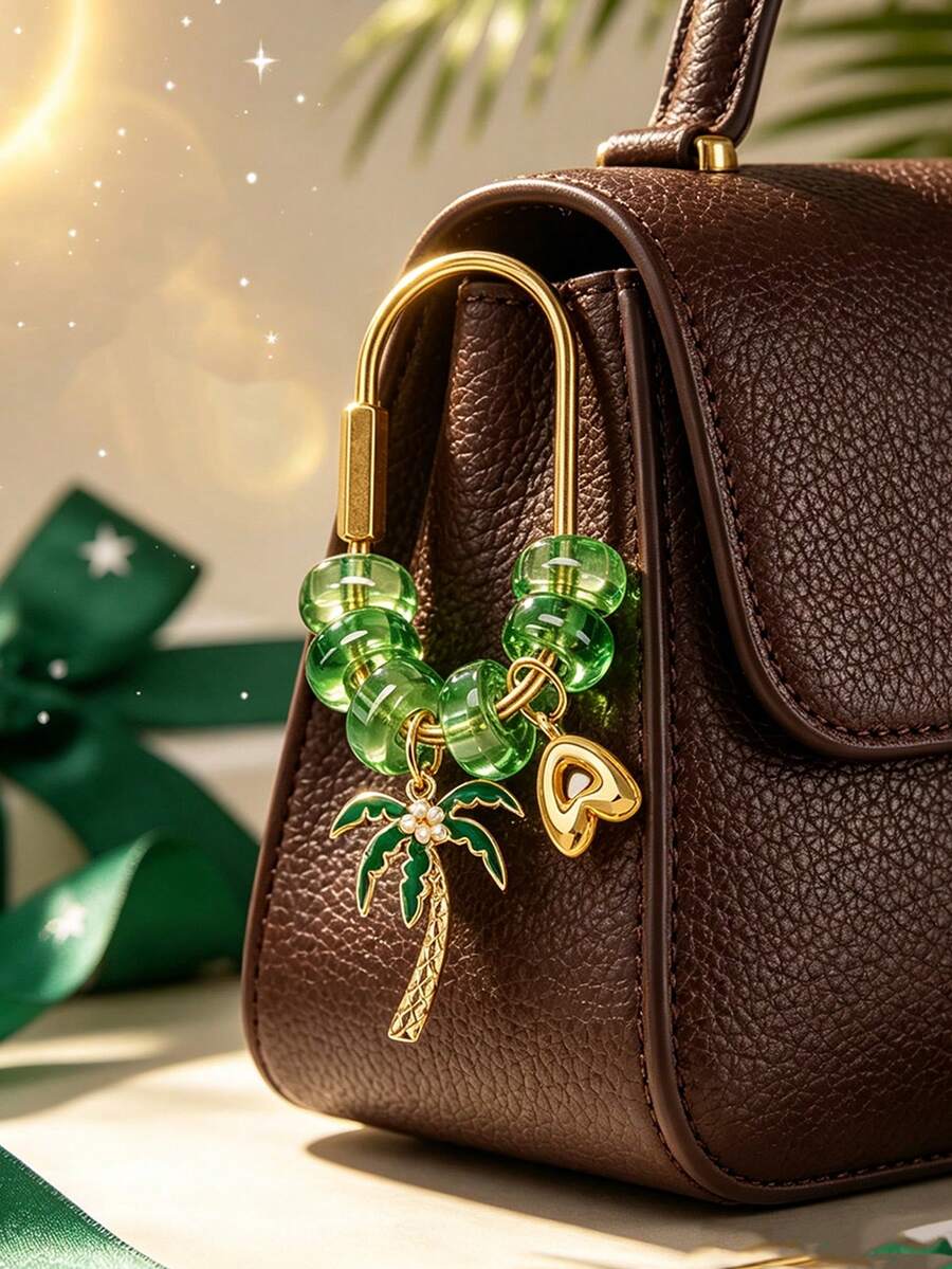 Palm Tree Golden Letter Pendant Keychain, Green Transparent Bead U-Shaped Keychain Ring, Arabic Theme Women's Pendant, Multi-Functional Decoration For Handbags, Backpacks, Car Keys, Wallets, National Day Party Gift And Souvenir, Suitable For Christmas, Thanksgiving, New Year, Birthday Gifts - Multicolor - View 1