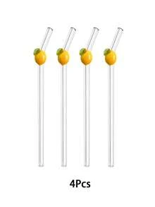 1/2/4/6/8pcs Cute Curved Transparent Reusable Shatterproof Glass Straws With Cute Lemon Pendant And Matching Cleaning Brush, Suitable For Cold Drinks, Milk Tea, Coffee, Juice, Milkshake, Cocktail, Home, Back To School, Autumn Gift, Halloween, Christmas - Style 1 - View 9