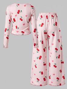 Spring/Autumn Girl Sweet Bow Cherry+Heart Shaped Printed Pink Long Sleeve+Fully Printed Pants Sleepwear 2 Pieces Set,Soft Fabric,Suitable For Home Sleep - Pink - View 5