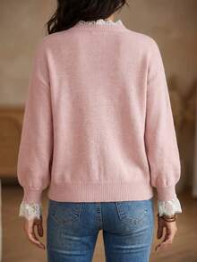 Women's Soft Pastel Pink Mixed Color Lace Trim Knitted Sweater, Loose Lazy Fit Contrast Lace Round Neck Soft Long Sleeve Top, Moderate Thickness, Suitable For Spring Single Wear, Autumn Layering, Winter Inner Layer, Three Seasons Versatile - Pink - View 4