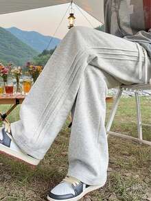 1pc Men's Light Grey Floral Wide Leg Sweatpants, Side Vertical Stripe Design, Soft And Draping Fabric, Loose Fit To Flatter Leg Shape, Casual , Versatile For Various Sneakers, Suitable For Daily Wear. Made Of 100% Polyester, With Drawstring Waistband For Easy Adjustment - Grey - View 2