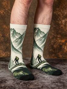 1/3 Pairs Mountain Hiker Creative Landscape Print Mid-Calf Socks, Christmas Holiday Outdoor Style Men's Socks - Multicolor - View 3