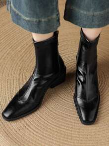 Plus Size Women's Square Toe Chunky Heel Ankle Boots, Back Zipper Stitching Detail Fashion Ankle Boots, Minimalist Retro High Heel Boots Suitable For Daily Commute, Date, Autumn/Winter Outfits - Black - View 4