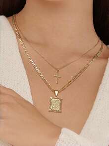 1pc Multi-Layer Letter Cross Necklace, A-Z Women Girls Layered Square Letter Pendant Figaro Chain Cross Necklace - Yellow Gold - View 2
