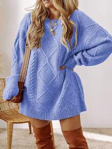 Acelitt Autumn/Winter Plus Size Women's Solid Color Knit Textured Cold Shoulder Plus Size Sweater Dress - Dusty Blue - View 3