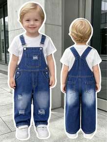 Overall Denim Biru Tua untuk Anak Laki-Laki, Celana Jeans Kaki Lebar dengan Ujung yang Robek, Tali Bahu yang Dapat Diatur, Saku Depan, Gaya Baru untuk Pakaian Sekolah dan Aktivitas Luar Ruangan Sehari-hari - Biru - View 3