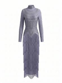 Modphy Gaun Maxi Wanita Terbaru Seksi Leher Tinggi Lengan Panjang dengan Hiasan Rhinestone Tebal dan Rumbai, Gaun Malam Formal yang Elegan - Abu-abu Biru - View 8