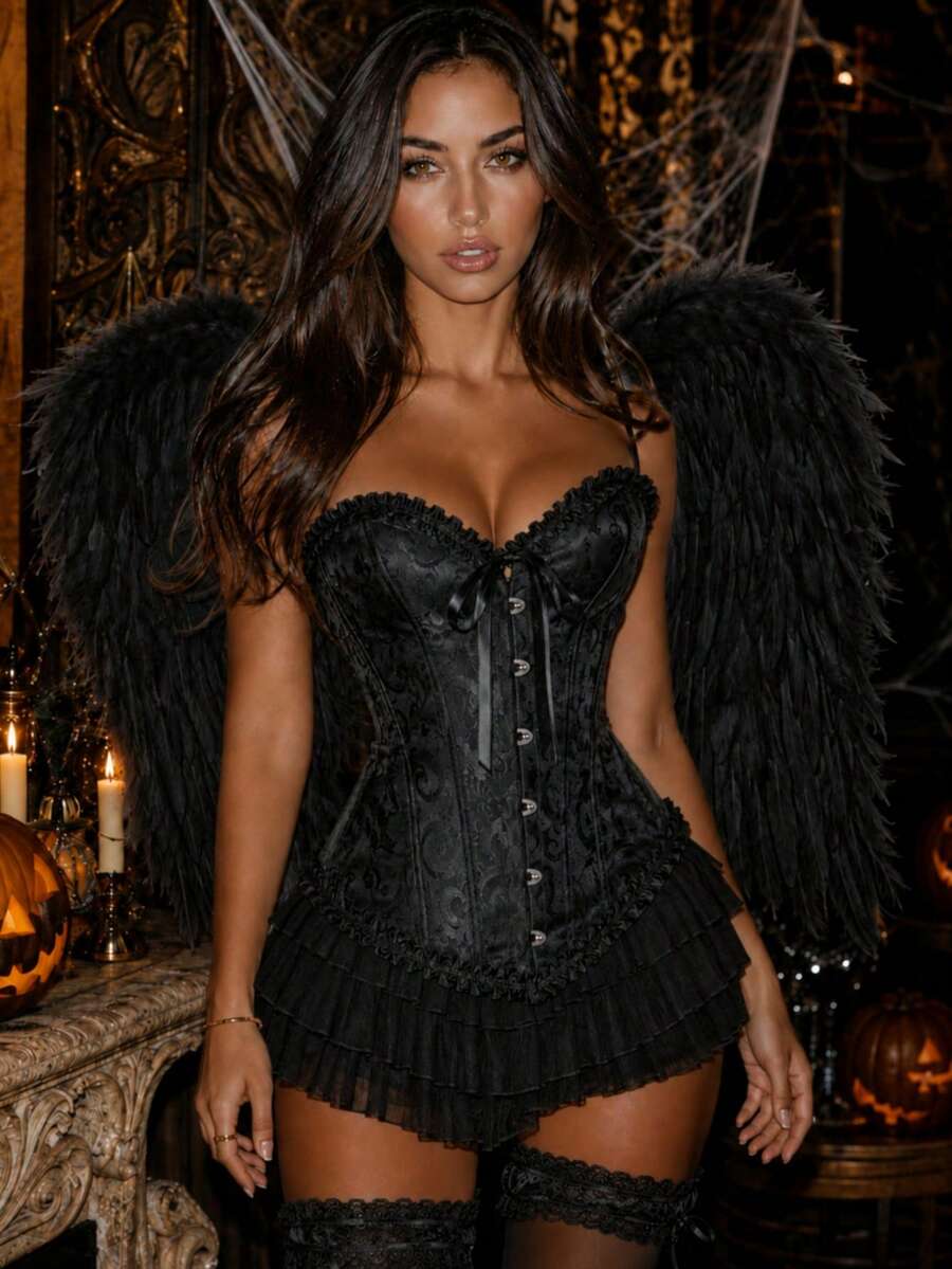 Backless Tie-Up Ruffle Hem Bustier Top With Thong Panty Set, Suitable To Pair With Dresses For Halloween, Music Festivals Spring Black Elegant Fall - Black - View 1