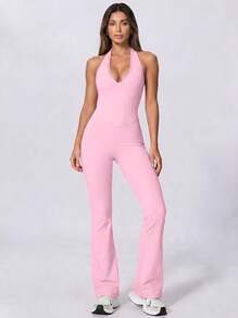 Never me Women's Halter Lace V-Neck Jumpsuit With Padded Chest, Open Back, Yoga Pilates Flare Leg Jumpsuit - Pink - View 5