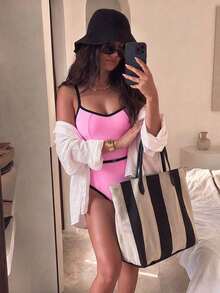 HOTTIE HABIT 女款粉色對比飾邊細肩帶連身泳衣，腰帶式心形領高衩泳裝，適合聖誕節、萬聖節、海灘、泳池度假 - 粉色 - 查看 2