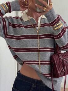 Women's Loose Oversized Striped Collared Casual Knit Pullover, American College Style, Autumn - Grey - View 4