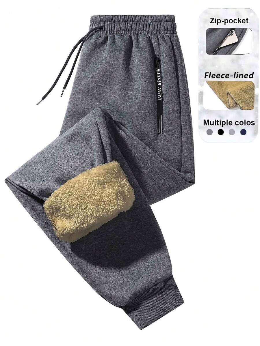Men's Thickened Cashmere Sweatpants, Elastic Waist Drawstring Running Pants, With Zipper Pockets, Loose Casual Pants, Suitable For Winter Daily Wear - Dark Grey - View 1