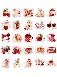 50Pcs Red Sweet Cherry Graphic Stickers, Aesthetic Fruit Dessert Waterproof Decals For Notebook, Luggage, Skateboard - Multicolor - View 10